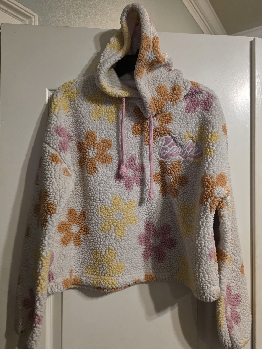 Barbie Cream Sherpa Hoodie with Pink, Orange & Yellow Flowers